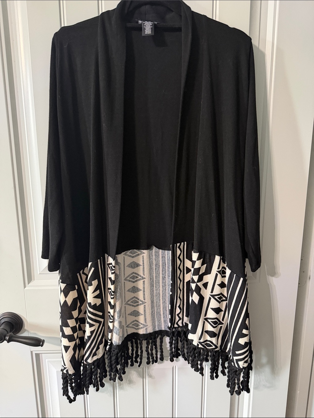 Black Fringe Hem Open Cardigan with Geometric Print
